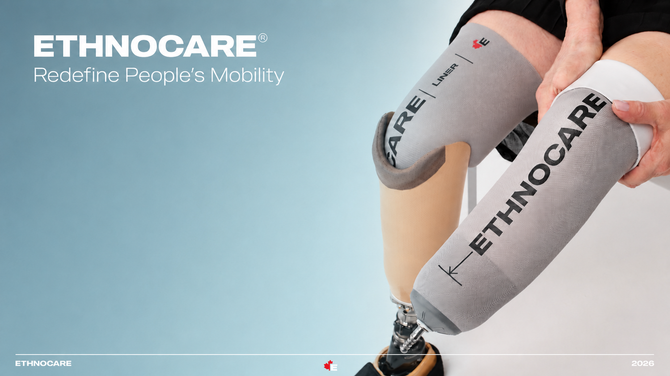 Ethnocare Liner product image showing a prosthetic liner designed and developed in Canada for lower-limb amputees.