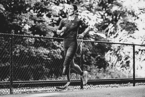 Hannah, amputee runing with the Overlay and Underlay by ethnocare